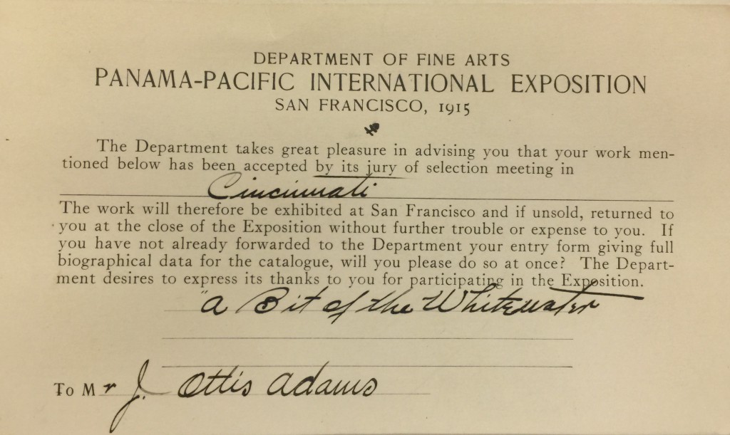 Adams' invitation to the Panama Pacific Invitation, Courtesy of the Indianapolis Museum of Art J. Ottis Adams Research Collection