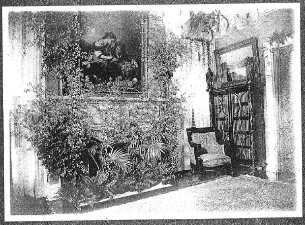 An Image of the Murillo copy hanging in the Mills House over the fireplace in the 1800s. The home is decorated with plants and flowers for a wedding. Robert T. Ramsey Jr. Archival Center, Wabash College, Crawfordsville, IN. 